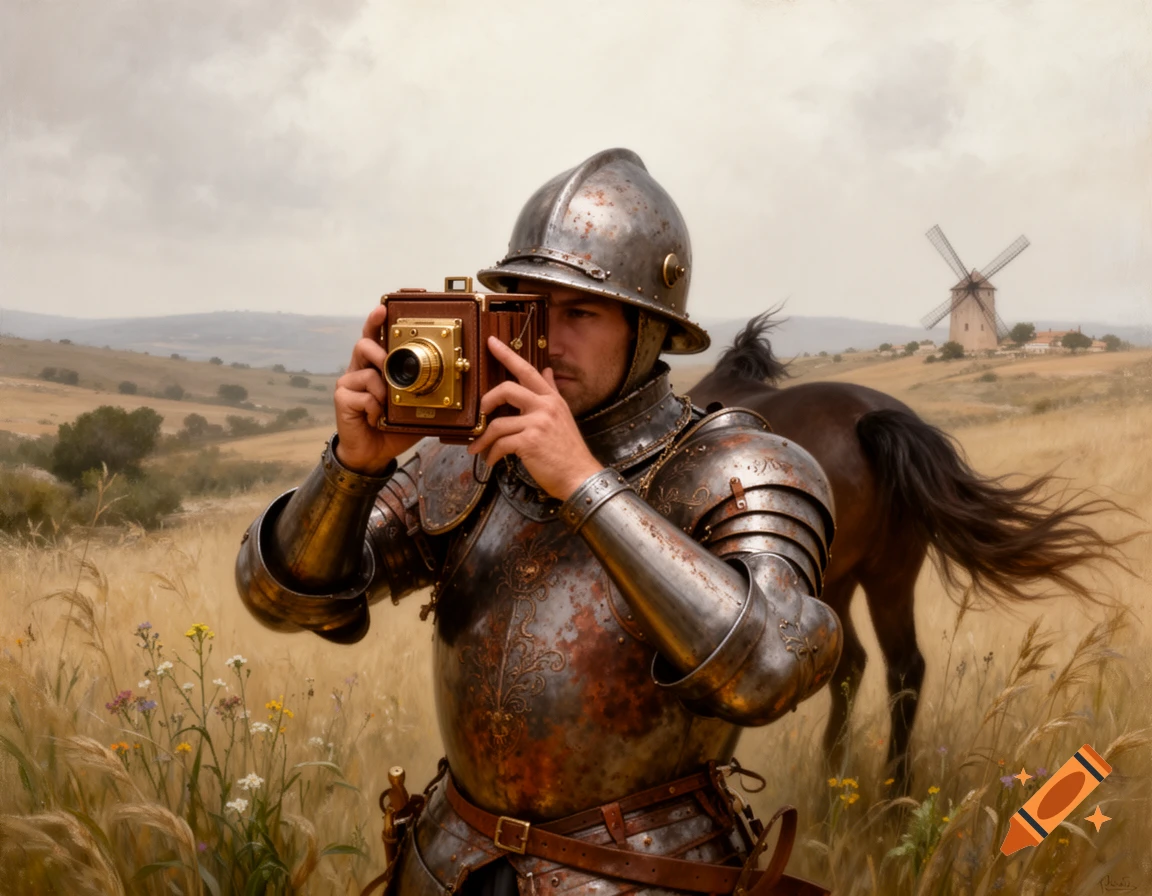 A knight in rusted armor holds an antique camera in a golden field, a horse behind him, and a windmill in the distance.