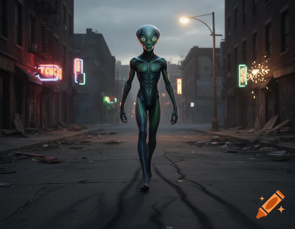 A grey-green alien with large eyes walks down a dark, derelict city street with glowing neon signs in a photorealistic style.
