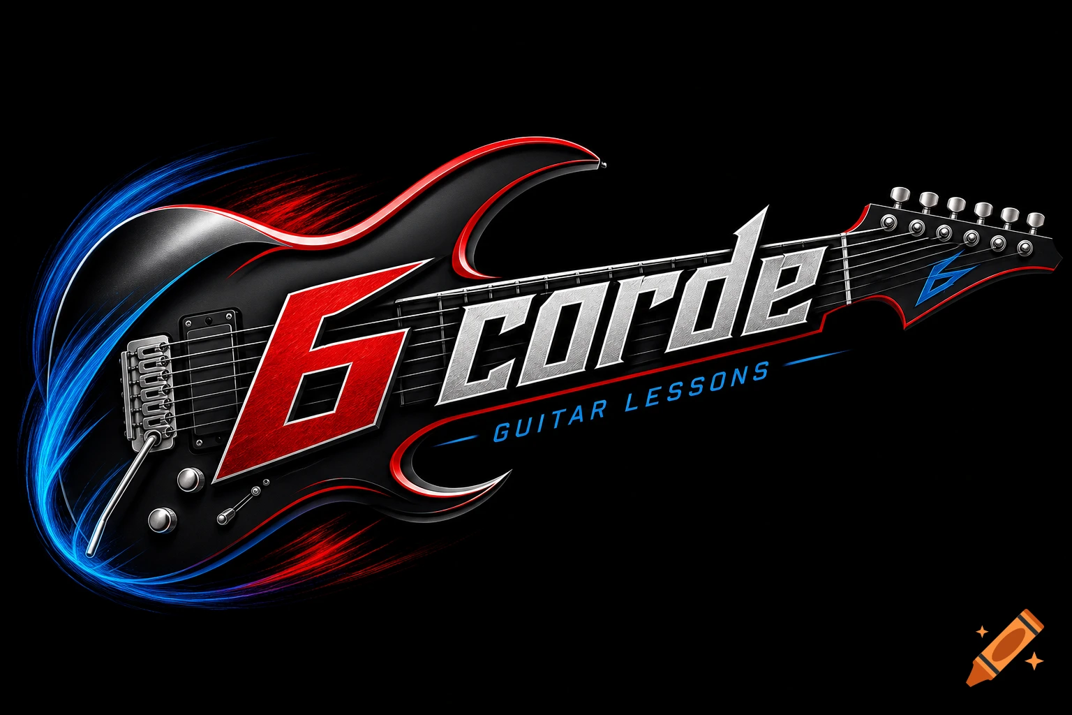 Electric guitar logo with '6 corde' and 'GUITAR LESSONS' text, featuring red and blue glowing accents on a black background.
