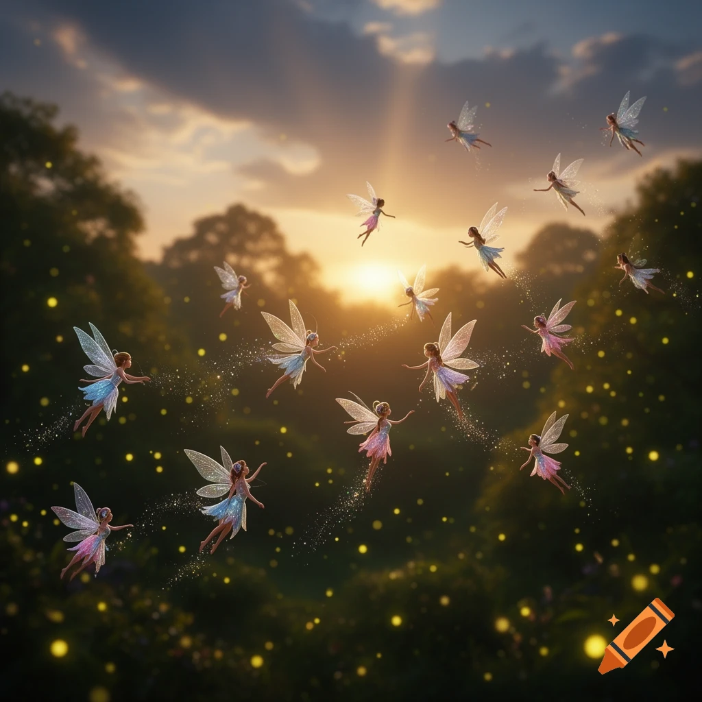 Many glowing fairies with iridescent wings fly across a sunlit forest at sunset, leaving shimmering trails.