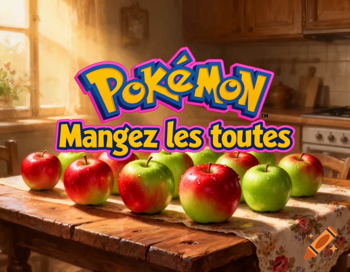 Red and green apples on a wooden table with a floral tablecloth in a sunlit kitchen, featuring a pink and yellow 'Pokémon Mangez les toutes' logo.