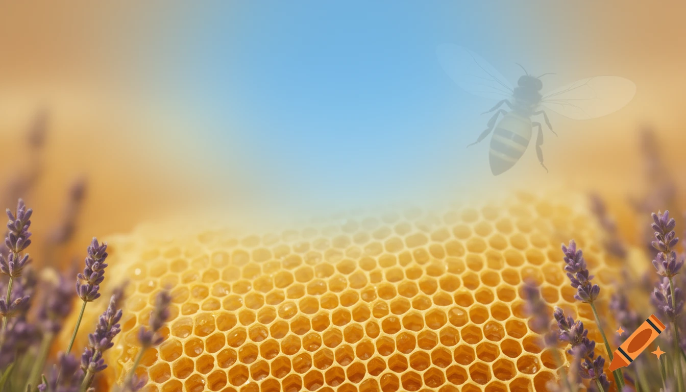Soft-focused image of a translucent bee flying above a golden honeycomb with purple lavender blossoms in the foreground.