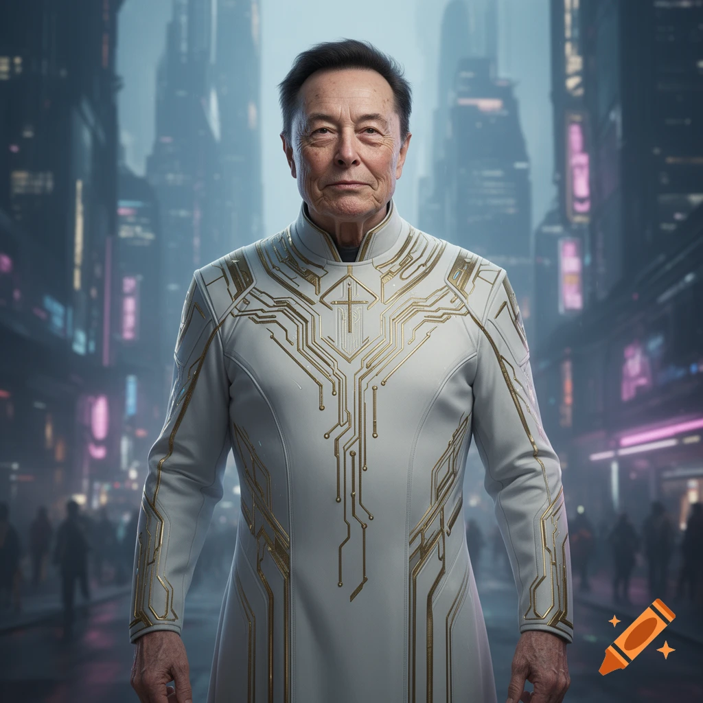 Aged Elon Musk in a white, gold-embellished futuristic robe with circuit patterns, standing in a blurry cyberpunk city street at night.