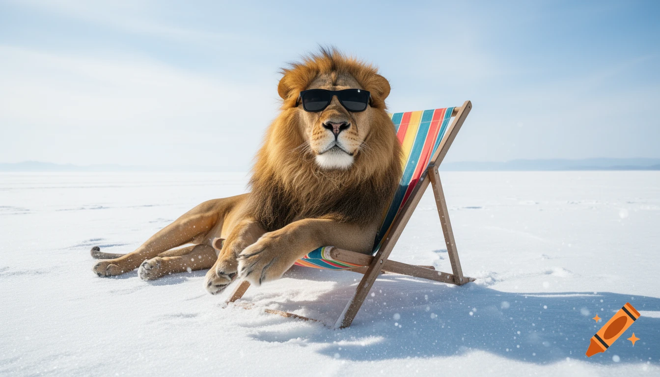 A photorealistic lion wearing sunglasses lounges in a striped deck chair on a vast, snowy plain under a clear sky.