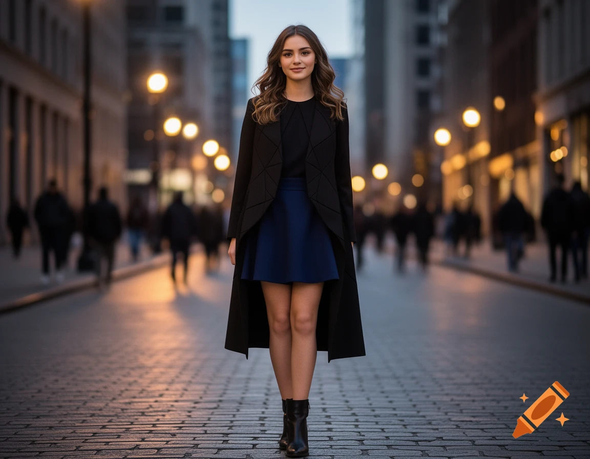 A woman in a black jacket and blue skirt walks down a city street at dusk, with blurred lights and people in the background.