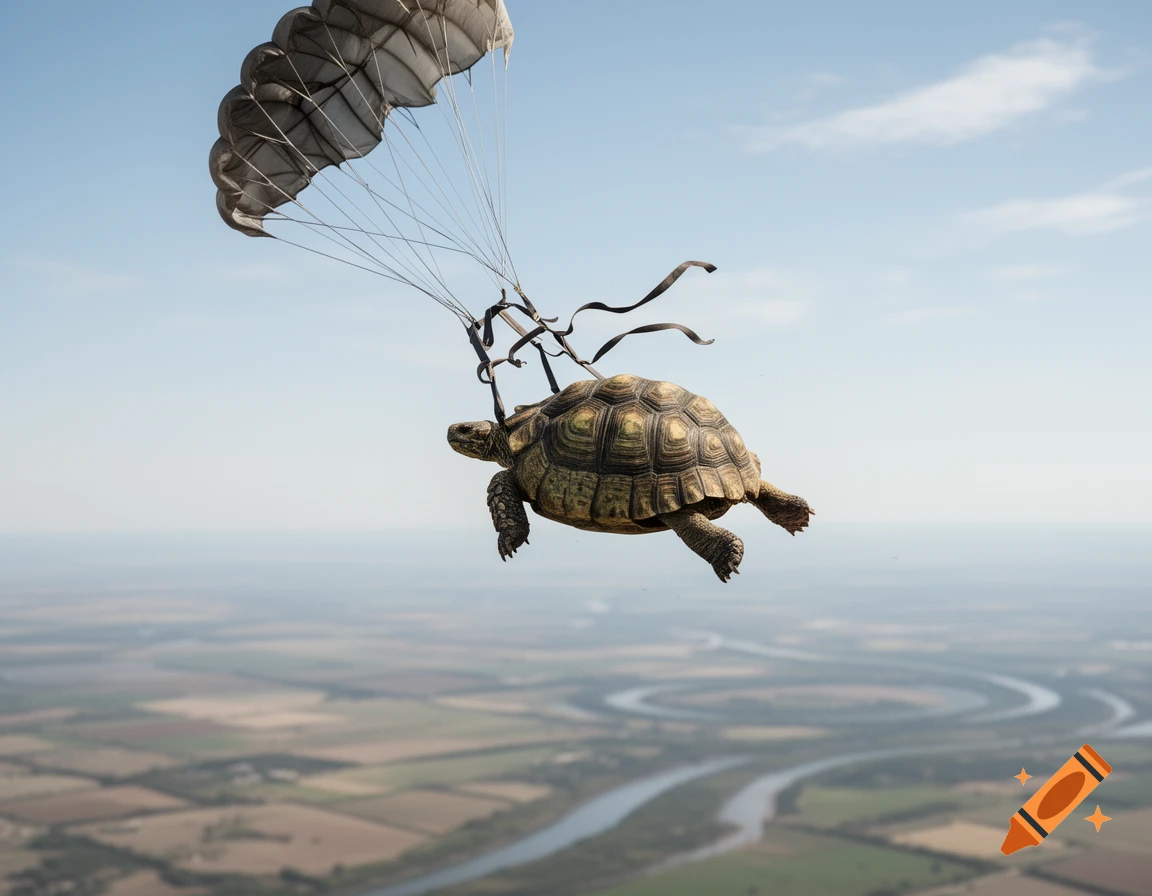 A tortoise parachutes through the sky above a winding river and fields, its parachute appearing partially deflated.