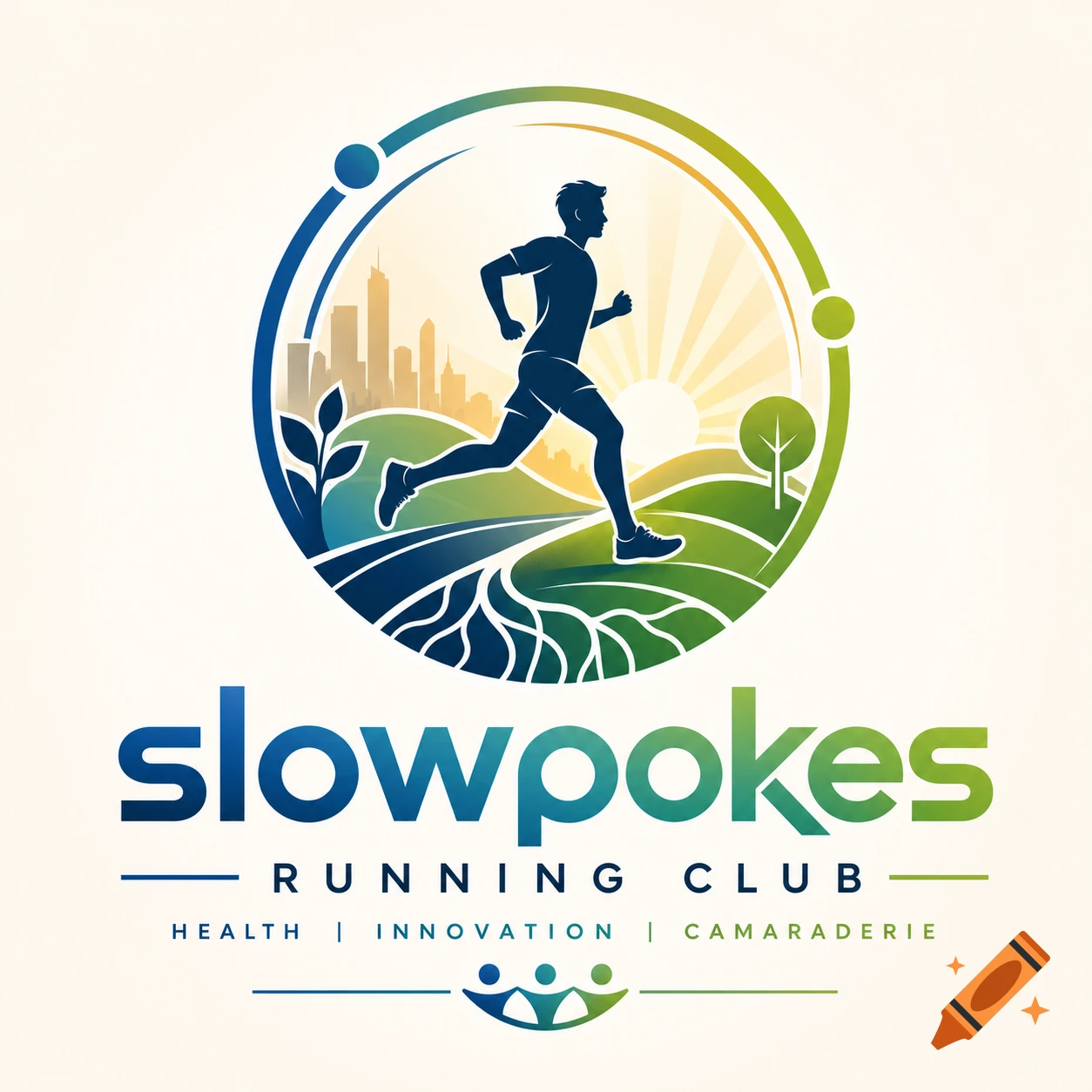 A colorful logo for Slowpokes Running Club, featuring a runner silhouette over a cityscape and green hills, with text below.