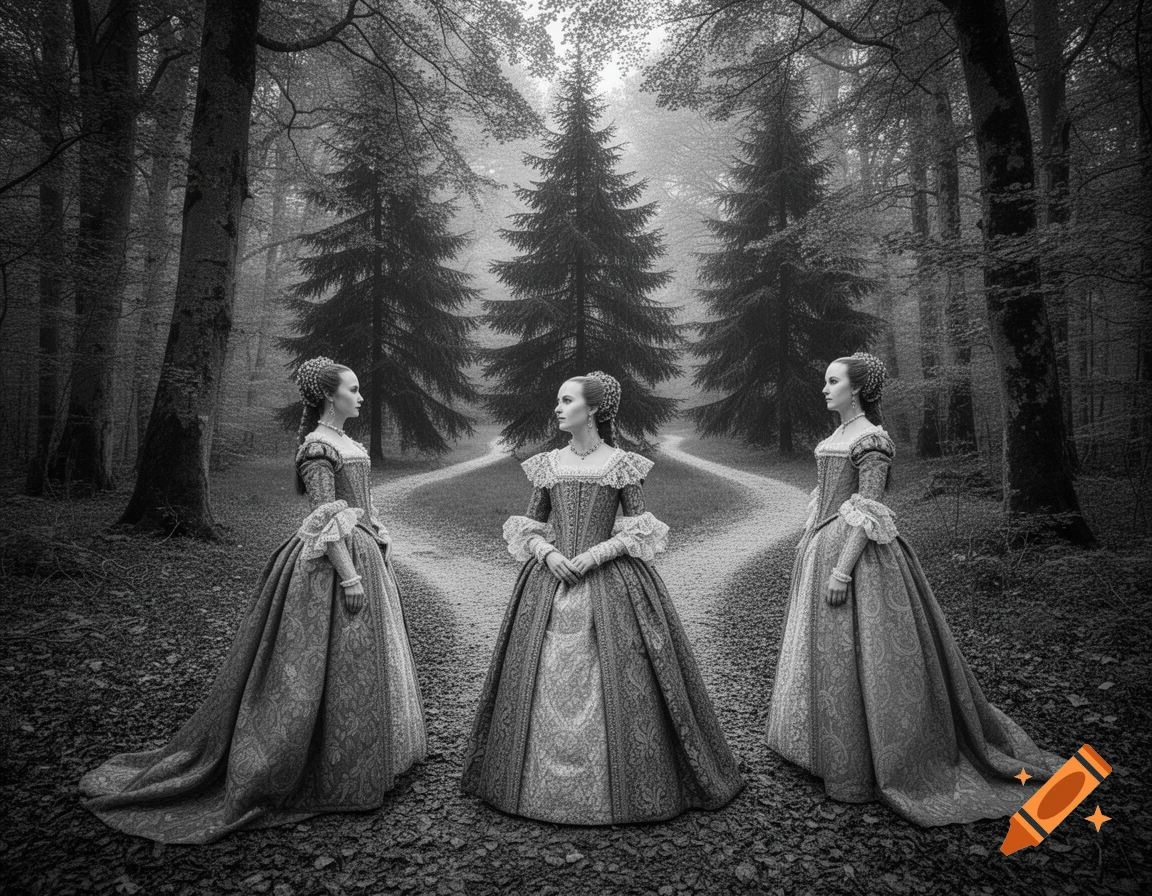 Three noblewomen in elaborate 16th-century dresses stand at the start of three paths in a misty black and white forest.