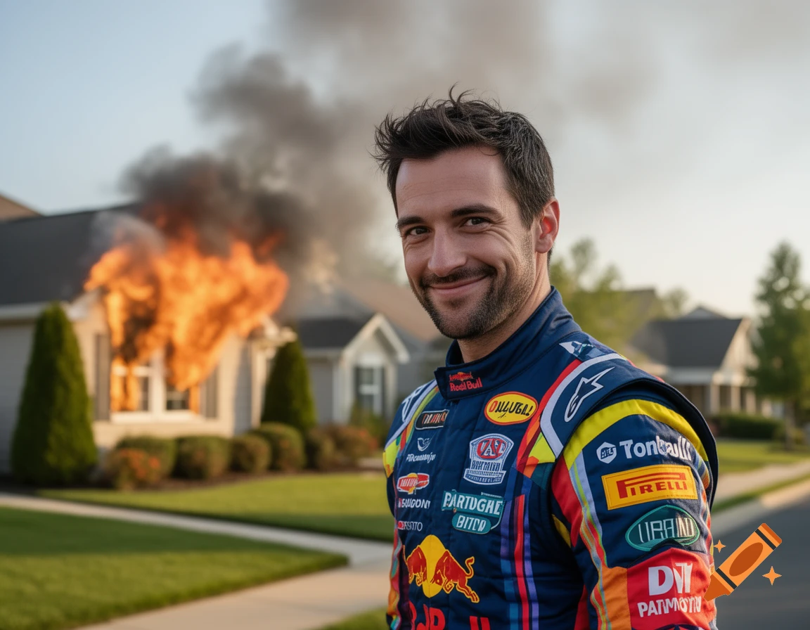 Photorealistic image of a smiling man in a colorful Formula 1 racing suit, standing in front of a burning house in a suburban setting.