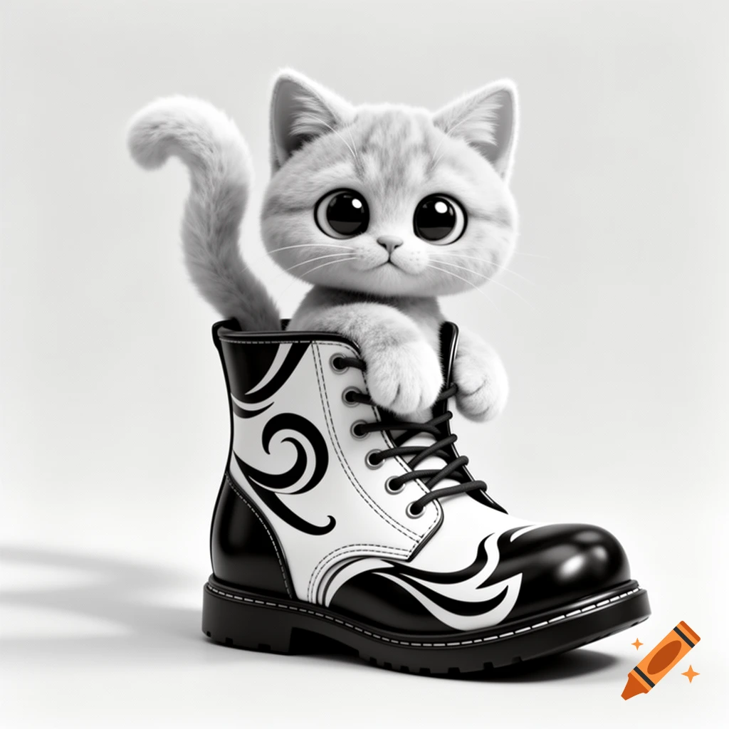 A cute, fluffy gray kitten with large eyes in a black and white combat boot with swirl designs, 3D art.