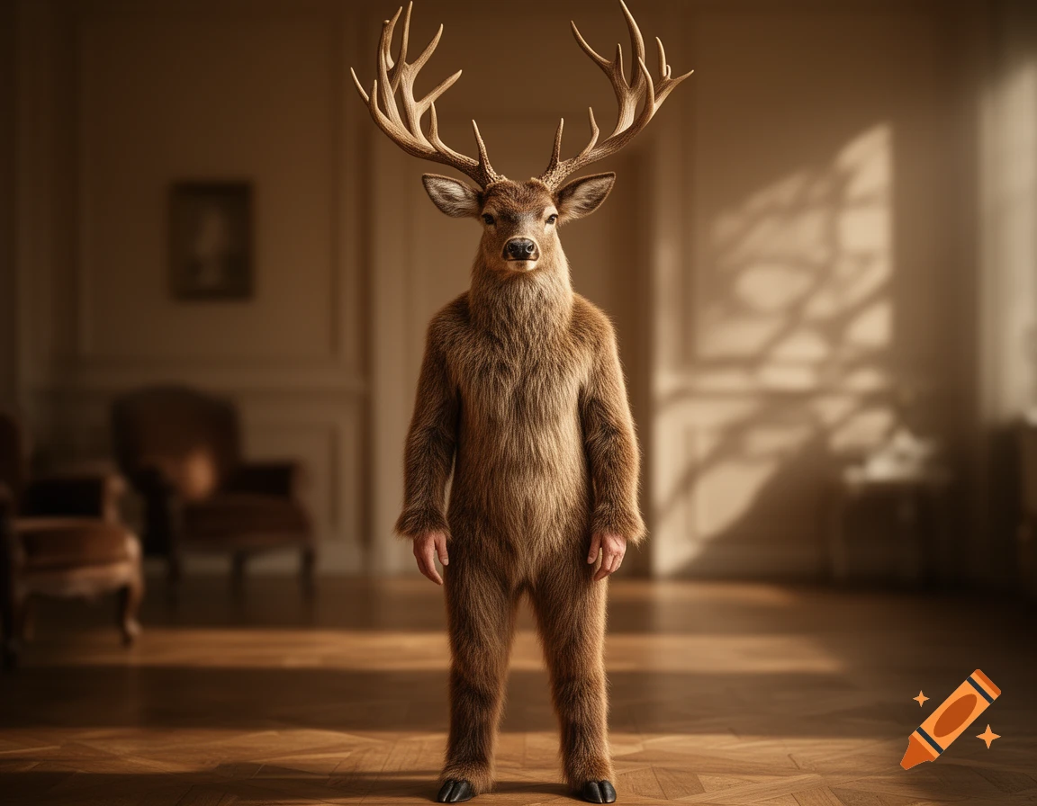 Photorealistic anthropomorphic deer with a fur-covered body and large antlers standing in a sunlit, formal room.