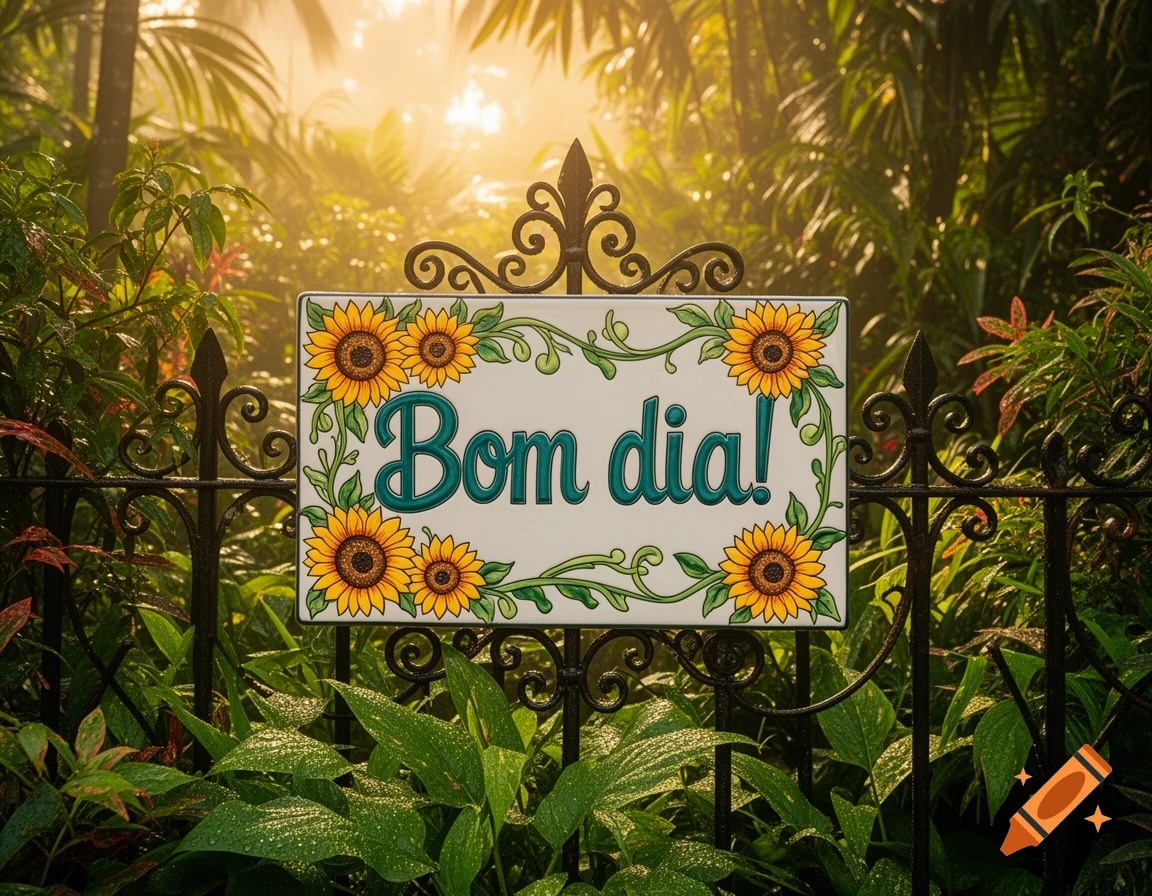 A white sign with 'Bom dia!' in green script, adorned with sunflowers and vines, on a black iron fence in a lush garden with golden morning light.