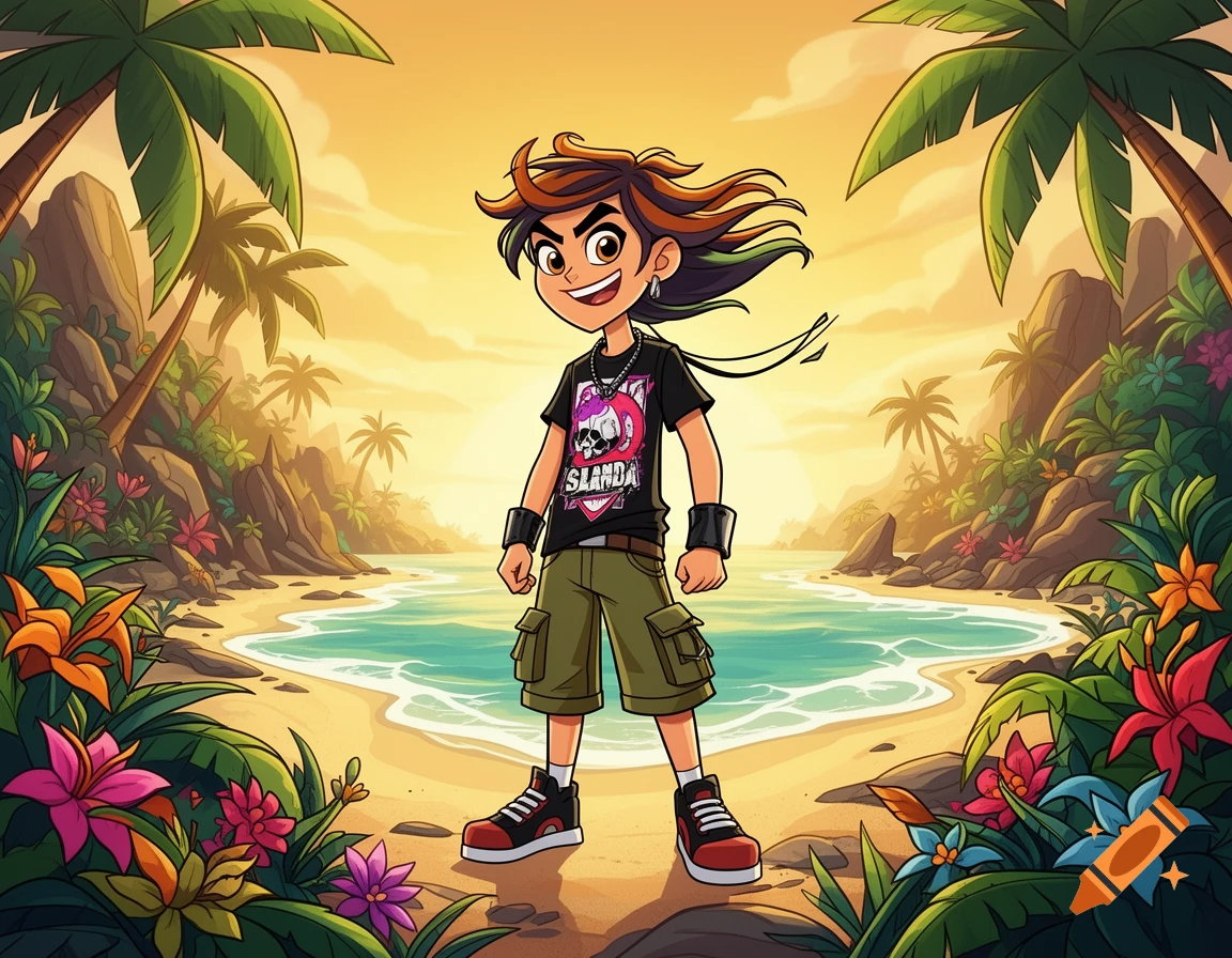 Cartoon character with spiky hair and a skull t-shirt stands on a tropical beach at sunset, surrounded by palm trees and flowers.