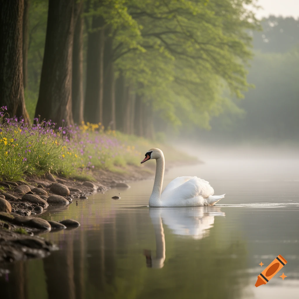 A white swan glides on a tranquil, misty lake, reflecting green trees and purple wildflowers along the shore.