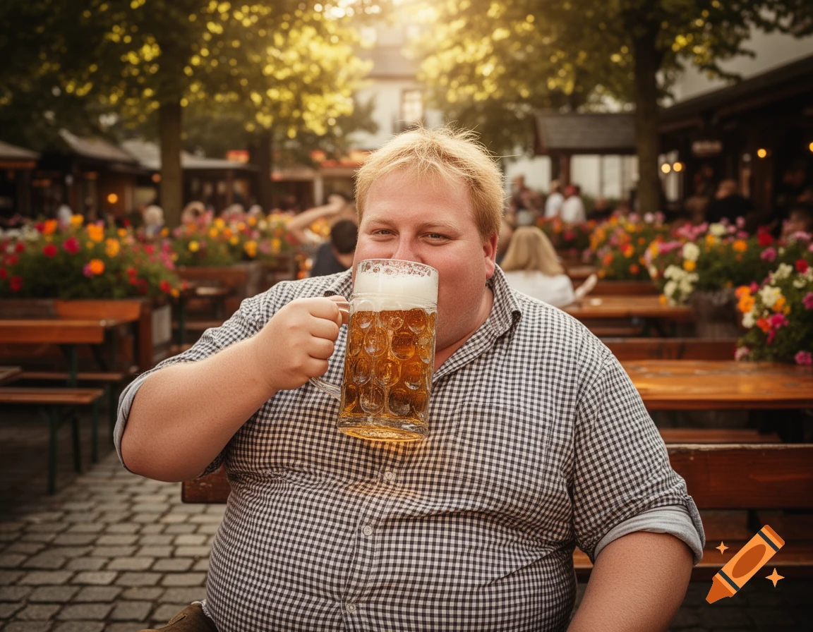 A smiling man with a large beer mug in an outdoor beer garden on a sunny day.