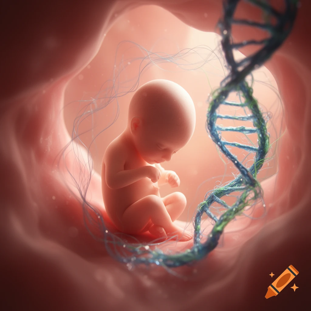 A photorealistic image of an embryo in a womb, with a glowing blue and green DNA double helix structure next to it.