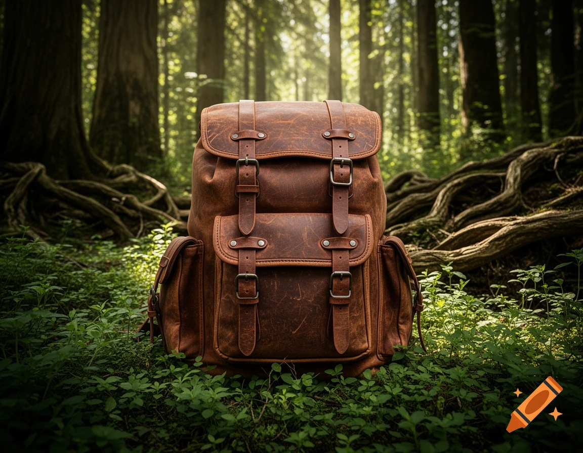 A photorealistic brown leather hiking backpack rests on green foliage in a sun-dappled forest with tall trees.