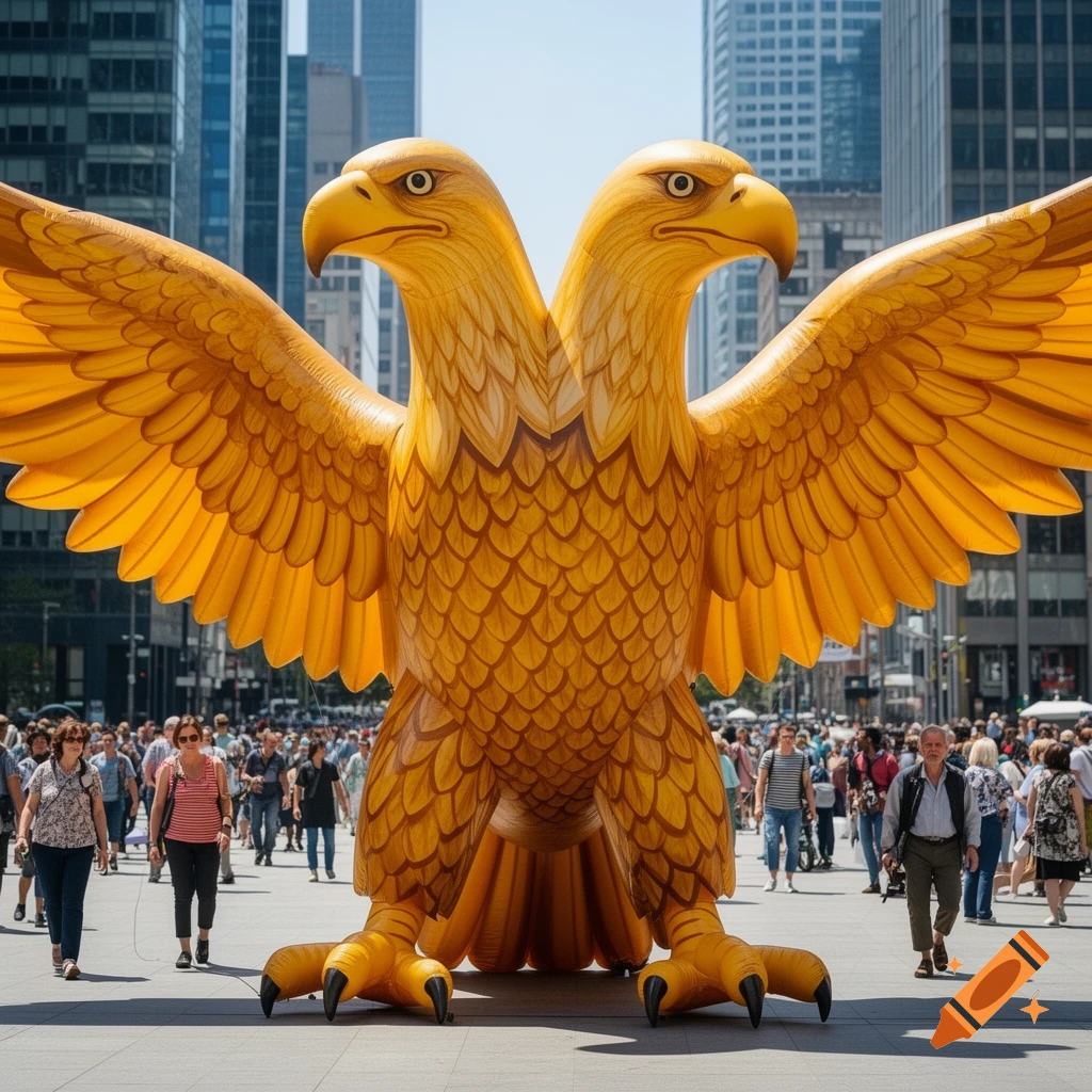 A giant golden inflatable double-headed eagle stands prominently on a city street, with pedestrians and skyscrapers in the background.