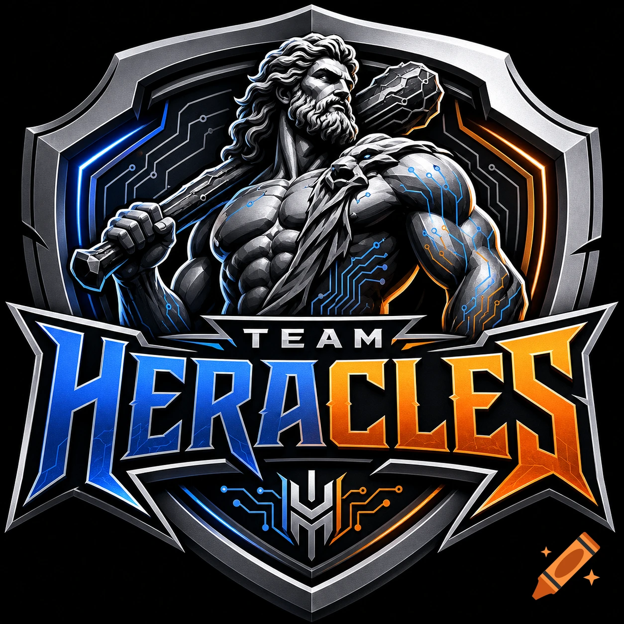 A sleek esports logo features a gray, muscular Hercules statue with blue and orange circuits, holding a club, on a metallic shield. Text: TEAM HERACLES.