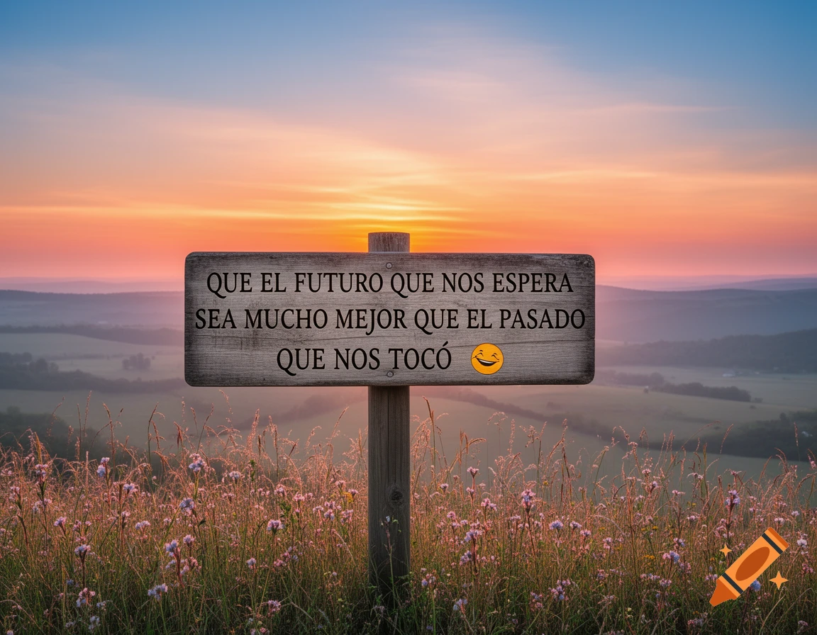 A wooden signpost with inspirational Spanish text stands in a field of wildflowers at sunset, with rolling hills in the background.