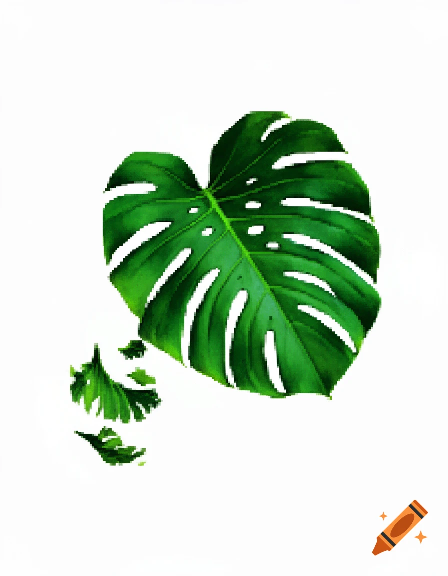 A large green pixelated Monstera leaf with smaller pixelated leaves below, against a white background.
