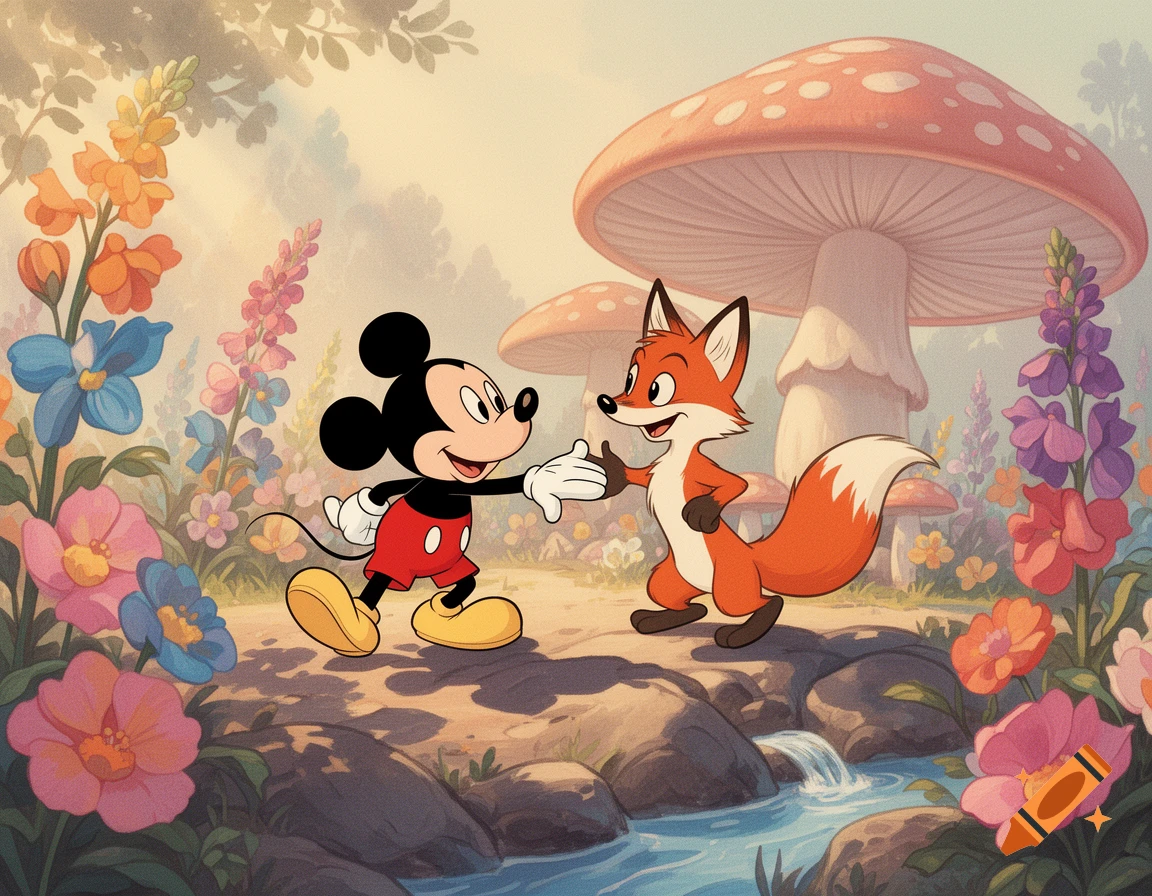 Mickey Mouse and a fox shake hands in a colorful forest with giant mushrooms, vibrant flowers, and a small stream.