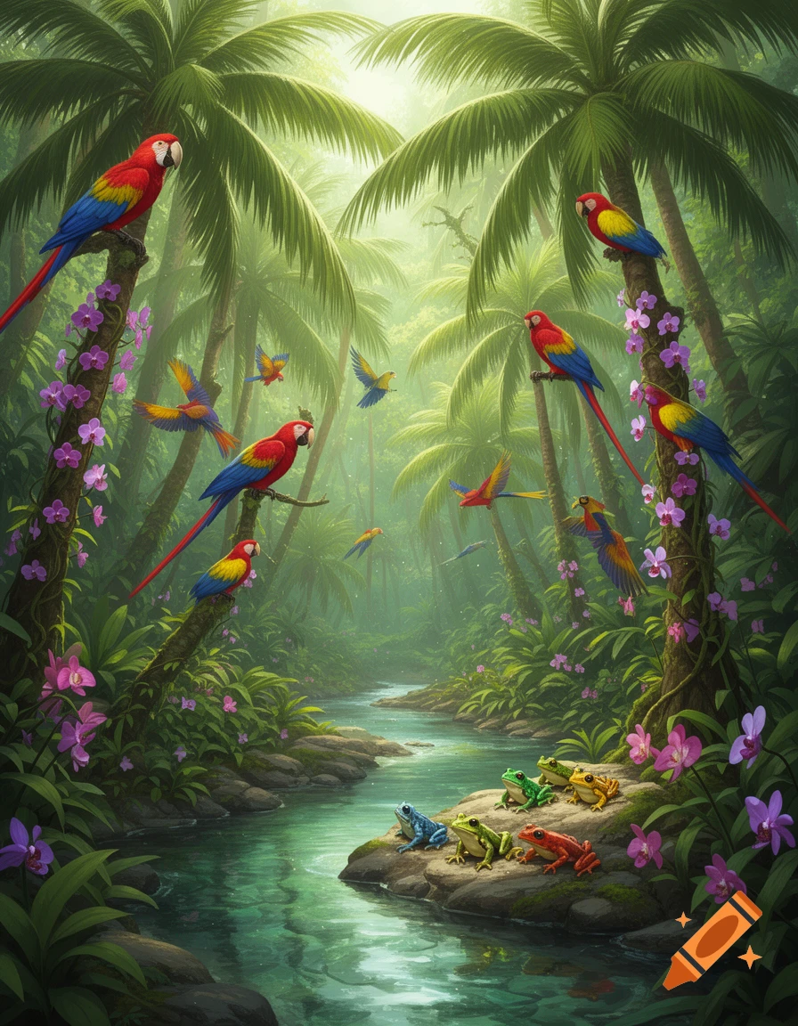 Colorful parrots perch among palm trees and purple orchids in a vibrant tropical jungle with frogs on rocks by a winding stream.