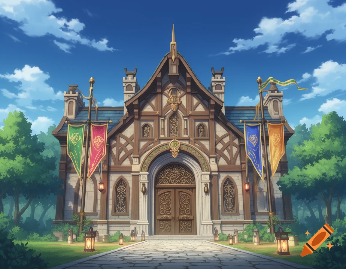 Anime style fantasy adventurers guild hall with ornate doors, colorful flags, and lanterns under a blue sky, surrounded by green trees.