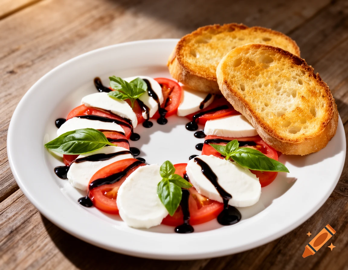 Caprese salad with mozzarella, tomatoes, basil, balsamic glaze on a white plate, served with toast on a wooden table.