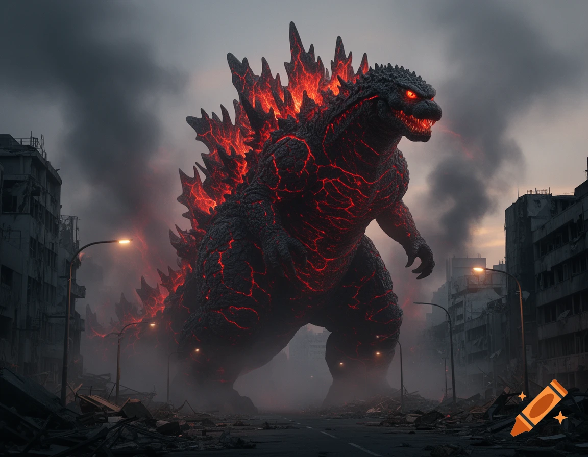 A giant, glowing red and black Godzilla-like monster stands amidst a destroyed city, smoke filling the sky.