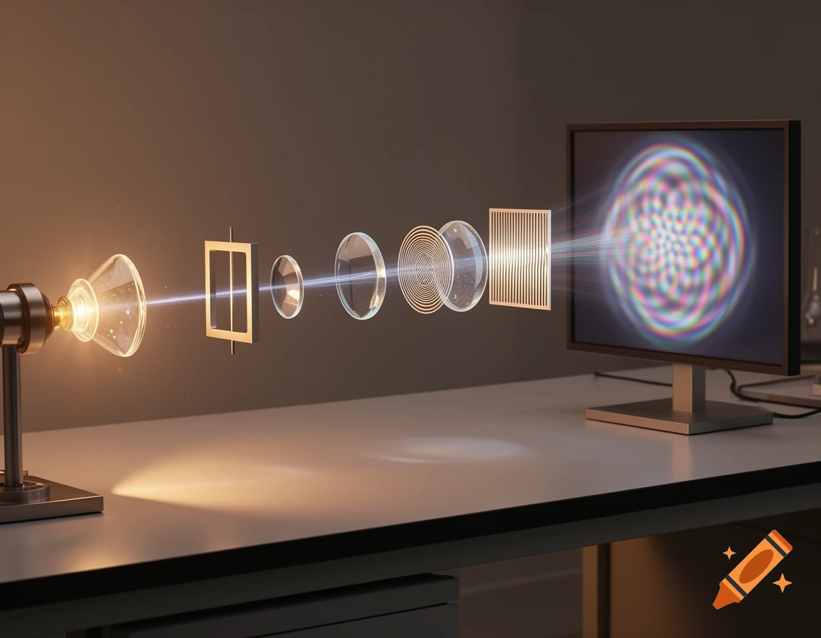 A physics experiment setup showing a light source, lenses, a grating, and a monitor displaying an interference pattern.