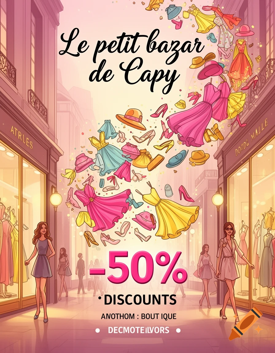 An illustration of a vibrant shopping street with a large -50% discount sign, featuring clothing, shoes, and hats floating above a woman in a pink dress, advertising 'Le petit bazar de Capy'.