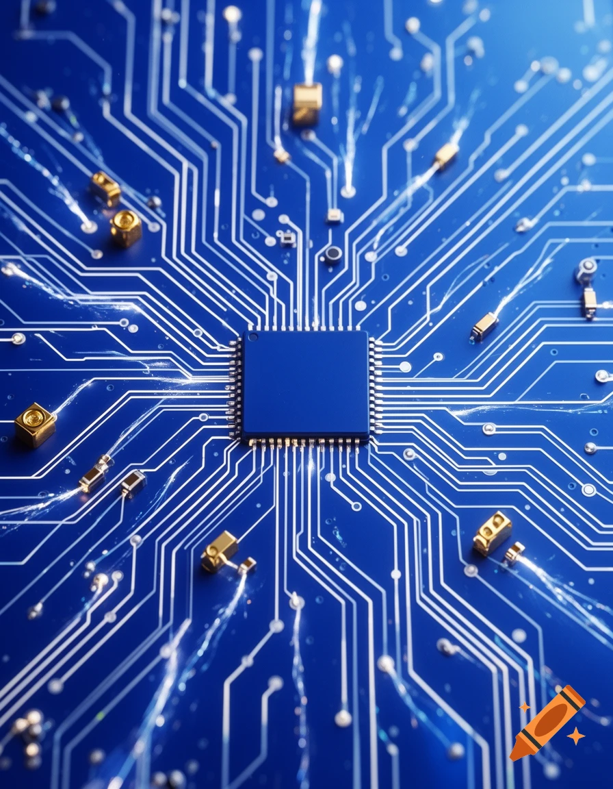 Close-up of a blue circuit board with white lines, a central microchip, and glowing light effects.