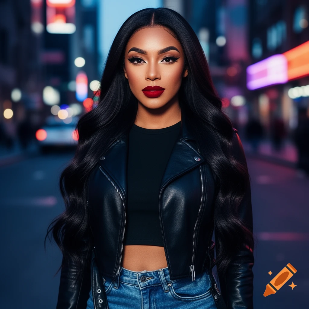 Photorealistic portrait of a young woman with long dark hair, red lips, black leather jacket, and blue jeans, standing on a city street at night.