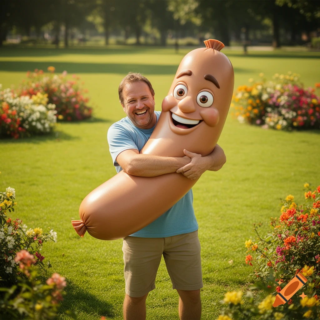 A happy man hugs a large, smiling cartoon sausage in a sunny green park filled with colorful flowers.