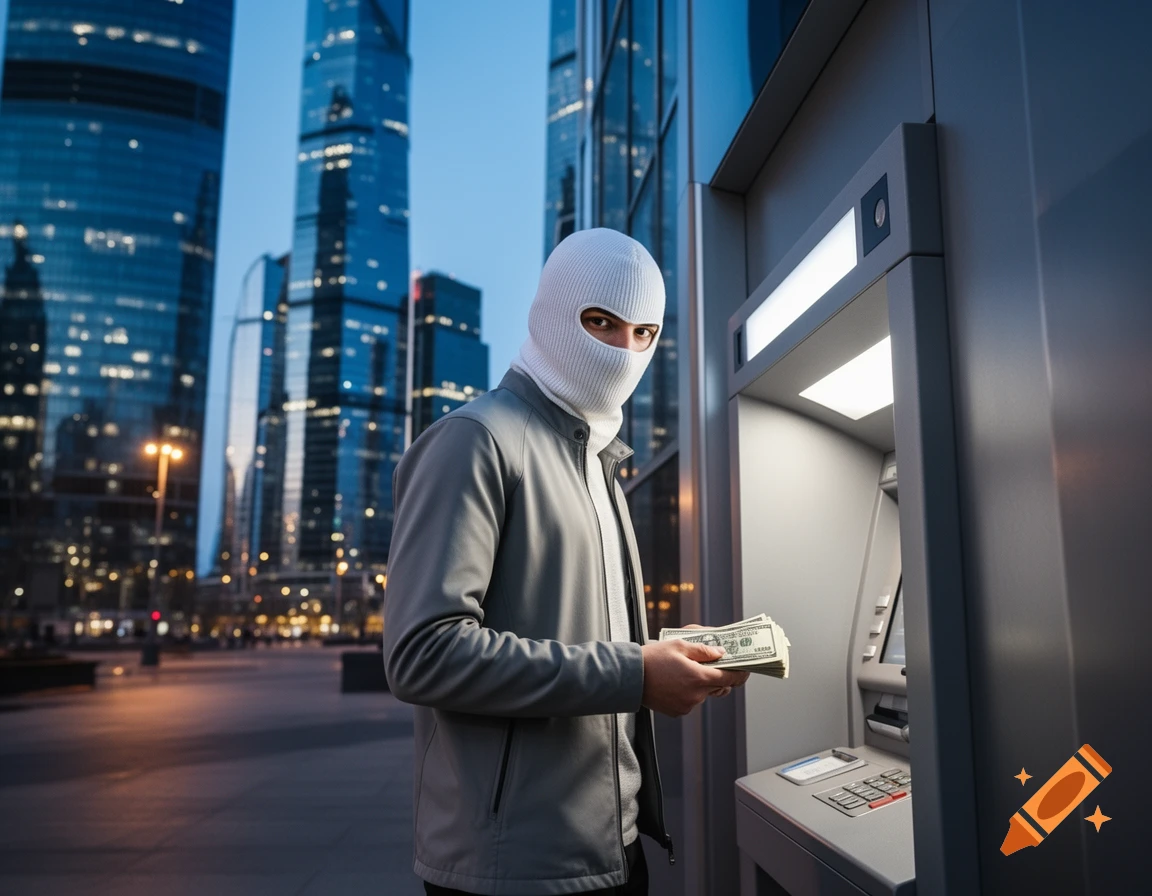 A person in a white balaclava holds a stack of cash next to an ATM with modern city skyscrapers in the background at dusk, photorealistic.