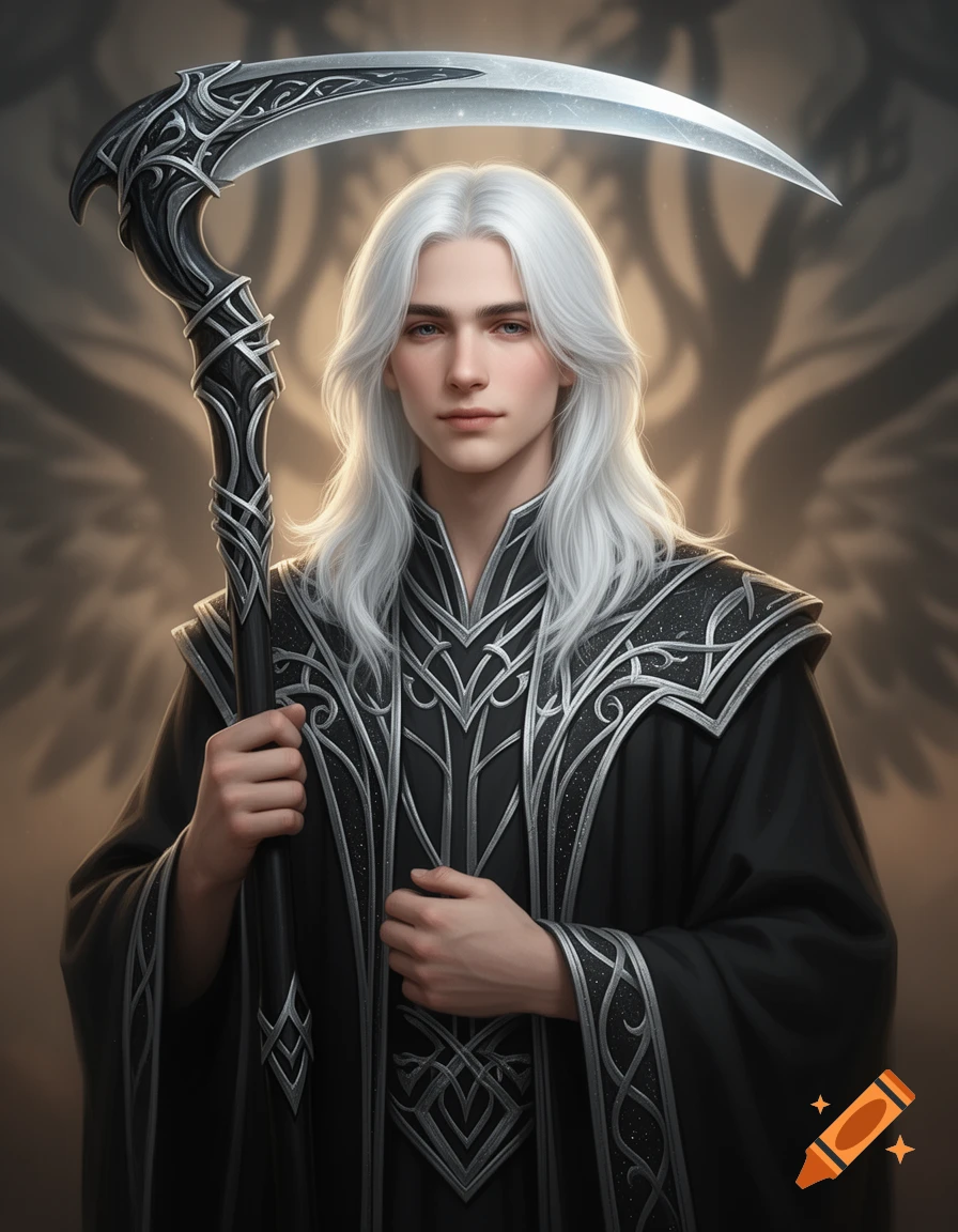 A young male aasimar with white hair, soft face, in black and silver robes, holding a scythe. Digital art portrait.