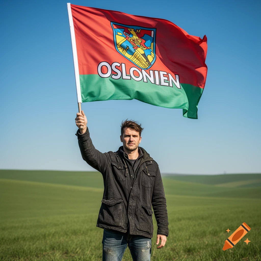 A man holds a red and green flag with "OSLONIEN" written on it in a green field under a clear blue sky.