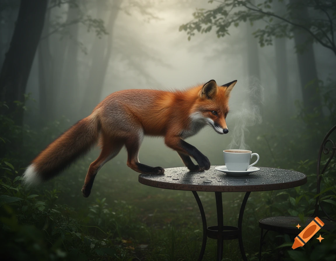 A red fox carefully steps on a small round table next to a steaming cup of coffee in a misty forest.