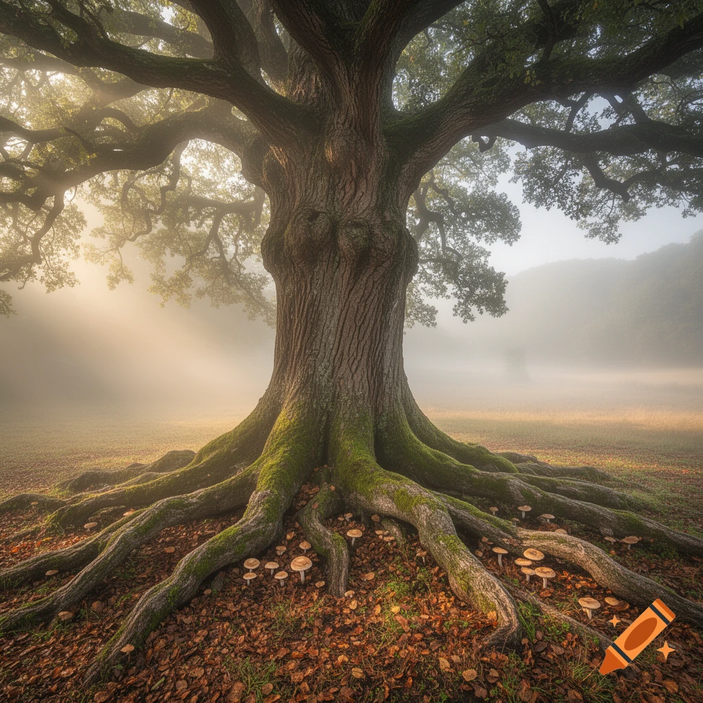 Majestic, ancient tree with moss-covered roots and mushrooms on a misty, sunlit forest floor.