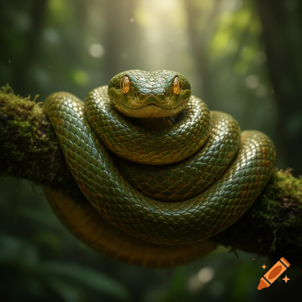 A vibrant green snake with piercing golden eyes is coiled around a moss-covered branch in a lush, sunlit jungle.