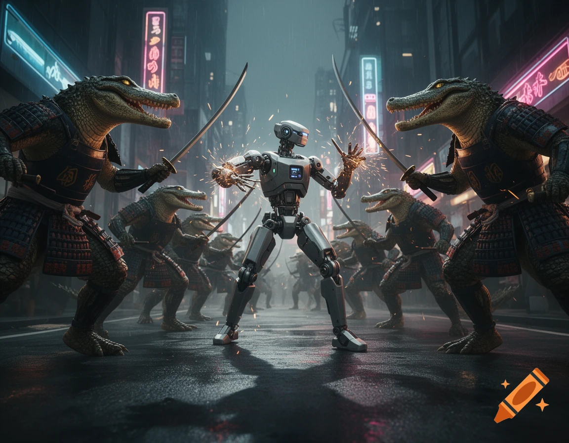 A futuristic robot fights anthropomorphic alligator samurai wielding katanas on a rainy, neon-lit city street.
