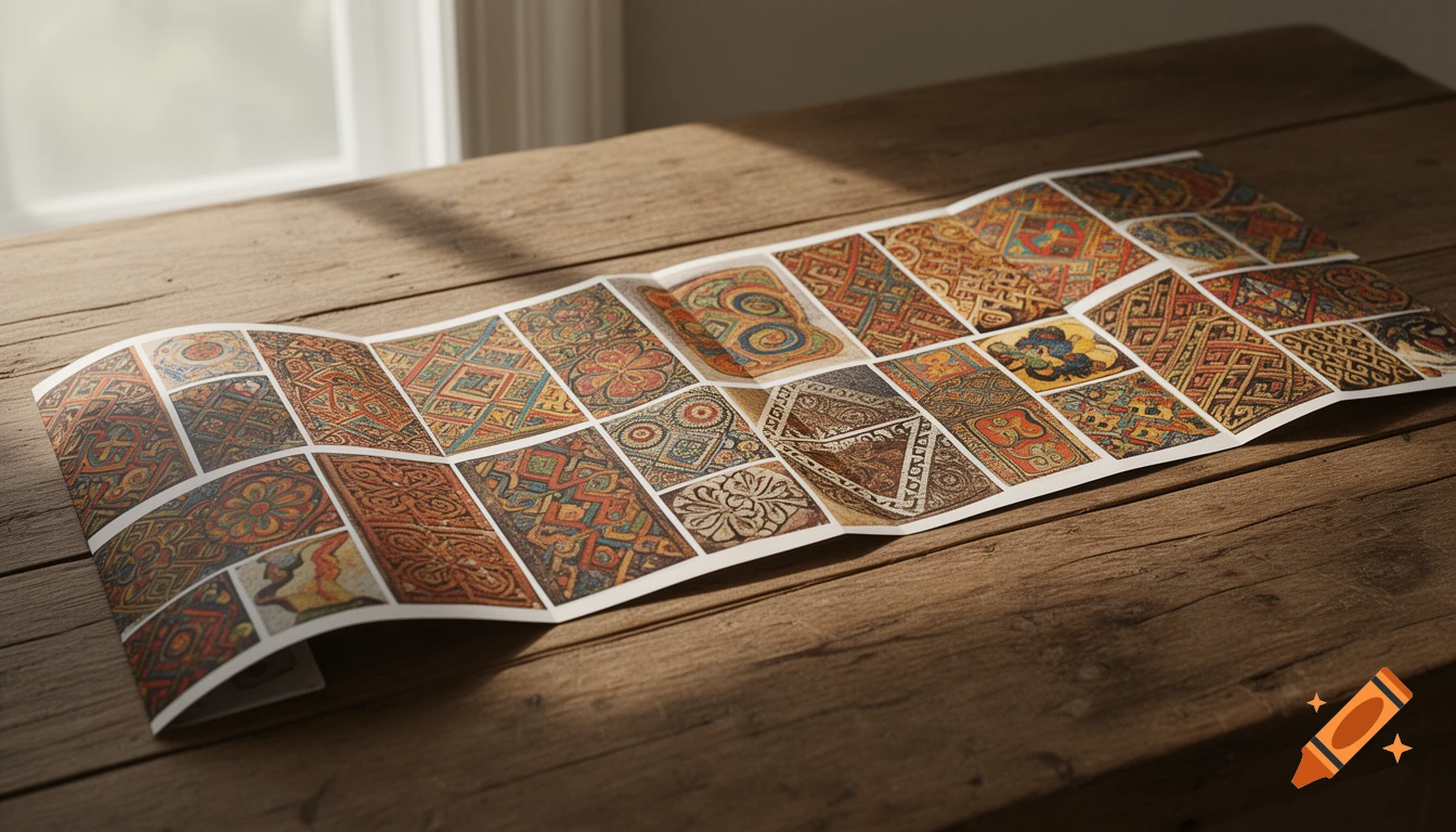 A photorealistic, unspooled pamphlet displaying intricate, ornate patterns from diverse cultures rests on a rustic wooden table near a window.