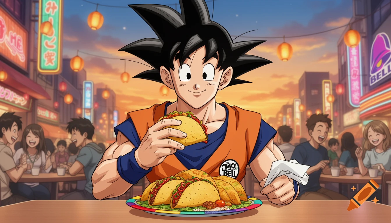 Goku from Dragon Ball happily eating a taco from a plate of tacos, set in a vibrant anime street scene with Taco Bell signs.