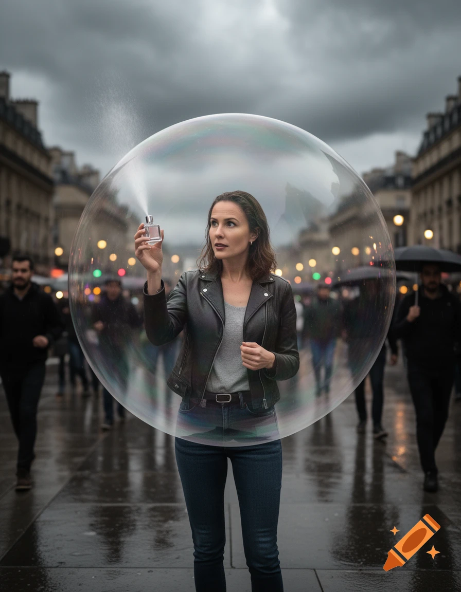 A woman sprays perfume, creating a large transparent bubble around her on a wet, overcast city street.