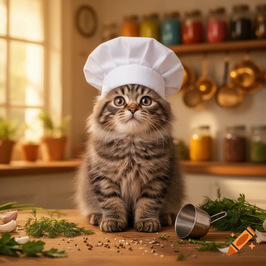 Photorealistic fluffy tabby kitten in a white chef hat sits on a wooden kitchen counter surrounded by spices and herbs.