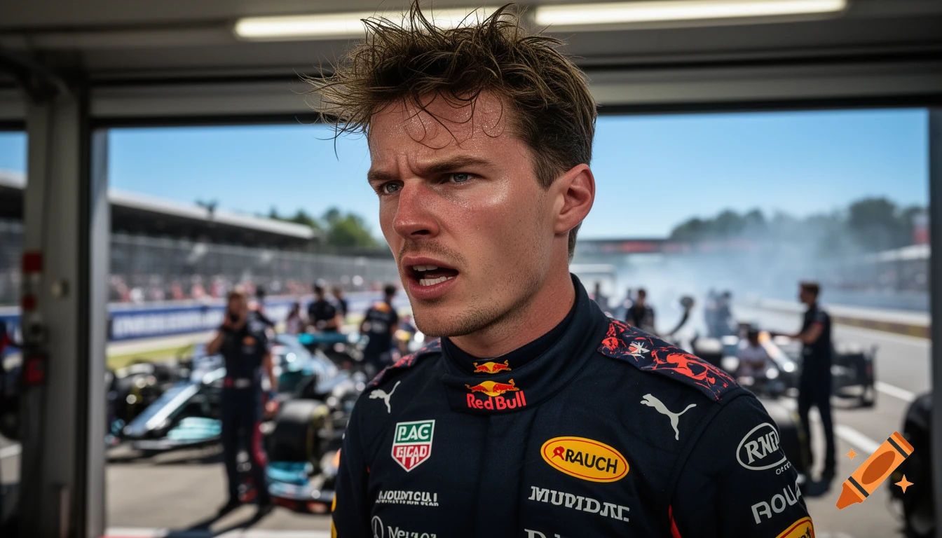 Sweaty male race car driver in a navy and red uniform with sponsor logos, looking serious in a sunny garage with blurred race cars, photorealistic.