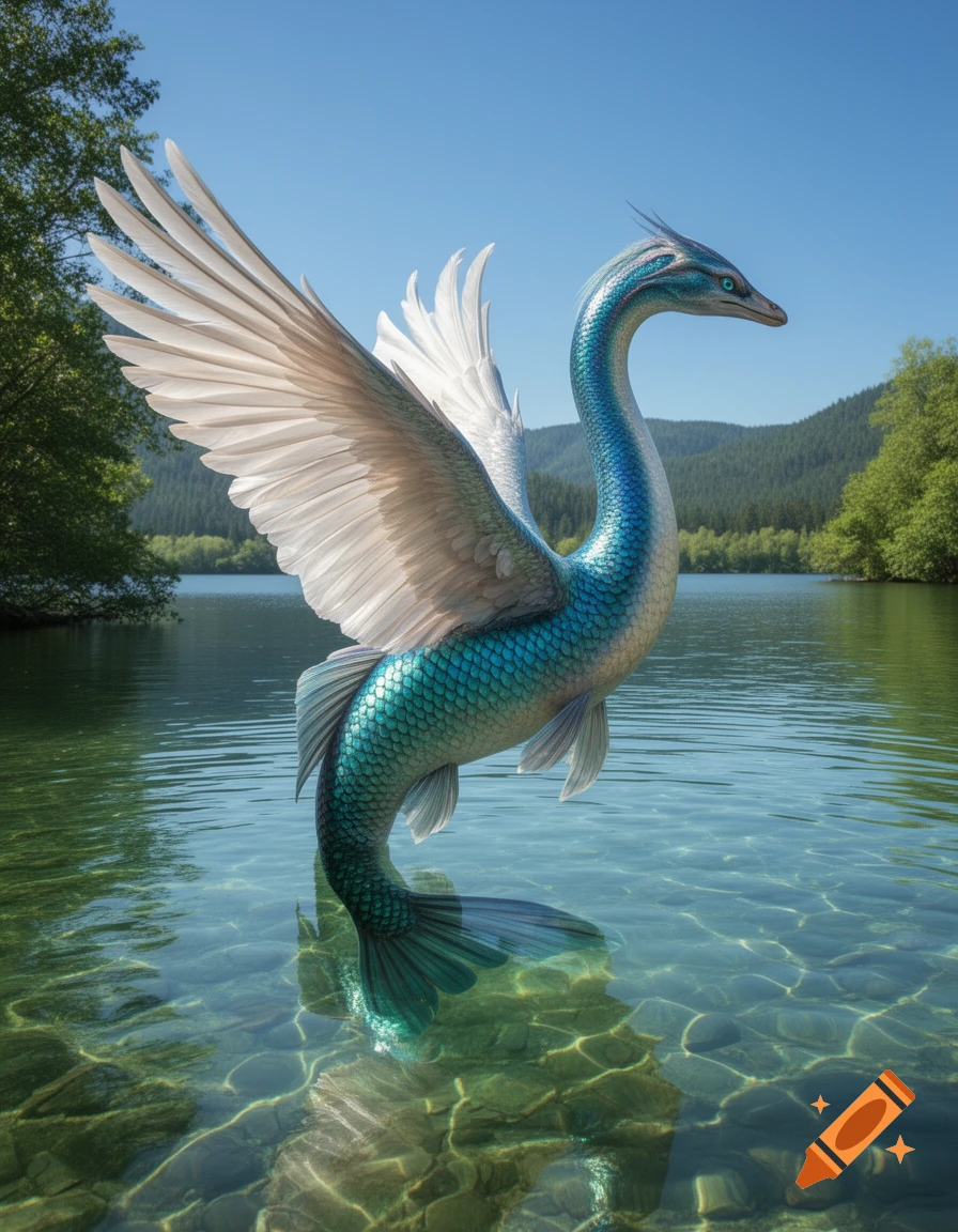 A majestic blue and teal scaled winged creature, like a fish-swan hybrid, stands in clear lake water with mountains in the background.