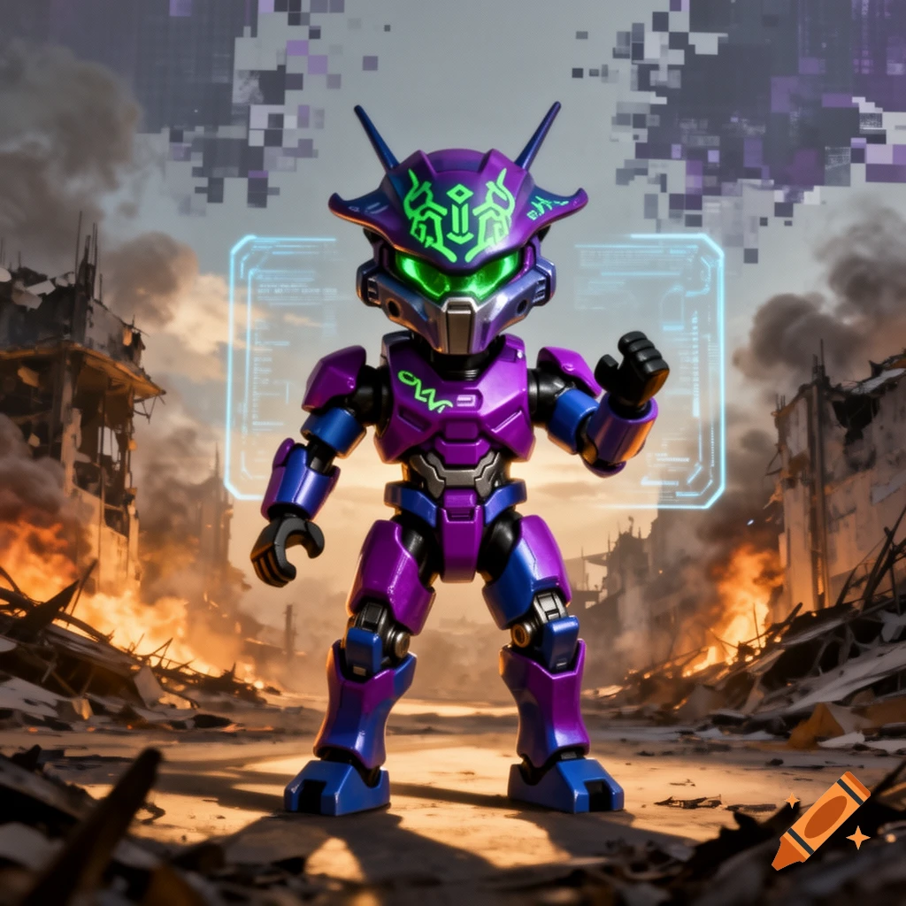 A purple and blue robot minifigure with a glowing green visor stands in a destroyed city street with fires and digital artifacts in the sky.