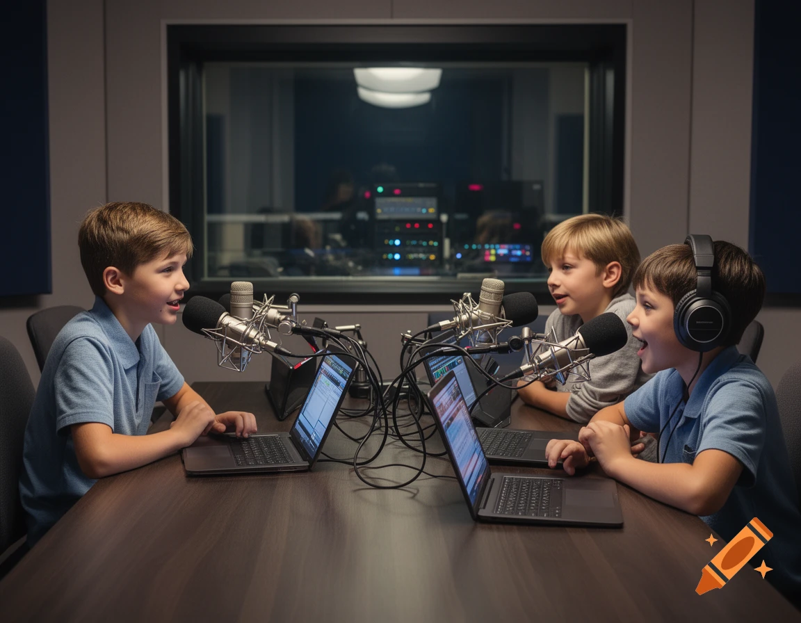 Three young boys recording a podcast with microphones and laptops in a studio setting.